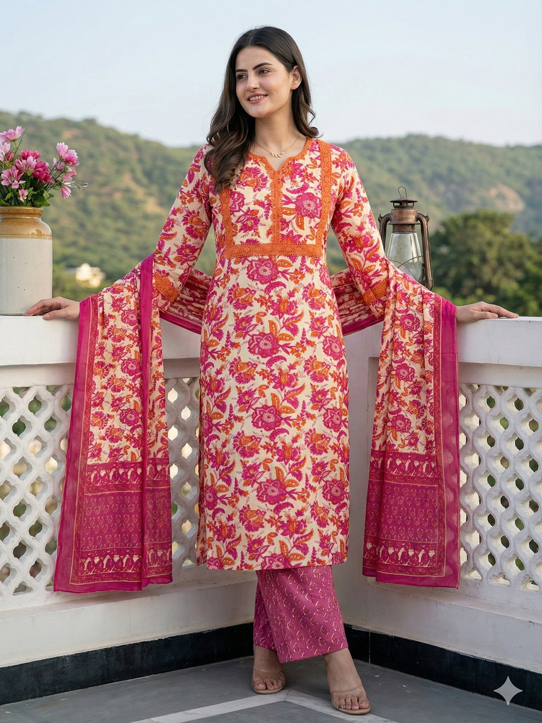 Jaitpuriya Pink Pure Cotton Straight Regular Kurta Set