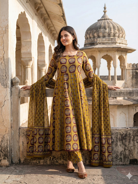 Jaitpuriya Mustard And Brown Pure Cotton Anarkali Regular Kurta Set