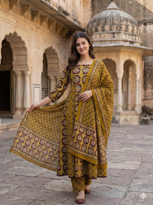 Jaitpuriya Mustard And Brown Pure Cotton Anarkali Regular Kurta Set