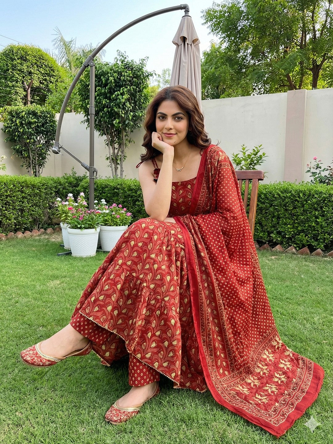 Jaitpuriya Red Pure Cotton Anarkali Pleated Tierd Kurta Set