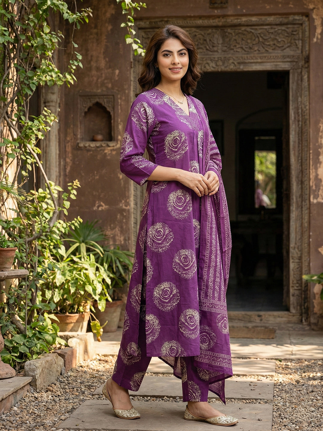 Jaitpuriya Purple Pure Cotton A-line Regular Kurta Set