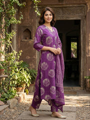 Jaitpuriya Purple Pure Cotton A-line Regular Kurta Set