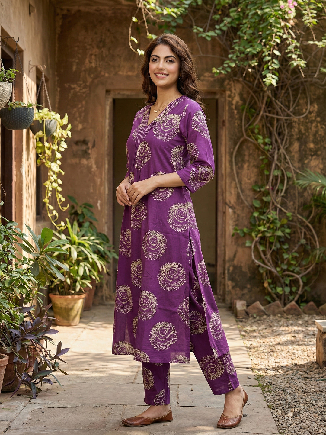 Jaitpuriya Purple Pure Cotton A-line Regular Kurta Set
