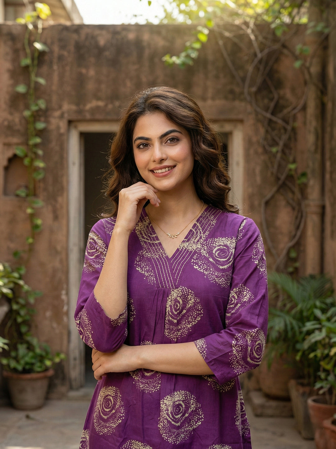 Jaitpuriya Purple Pure Cotton A-line Regular Kurta Set