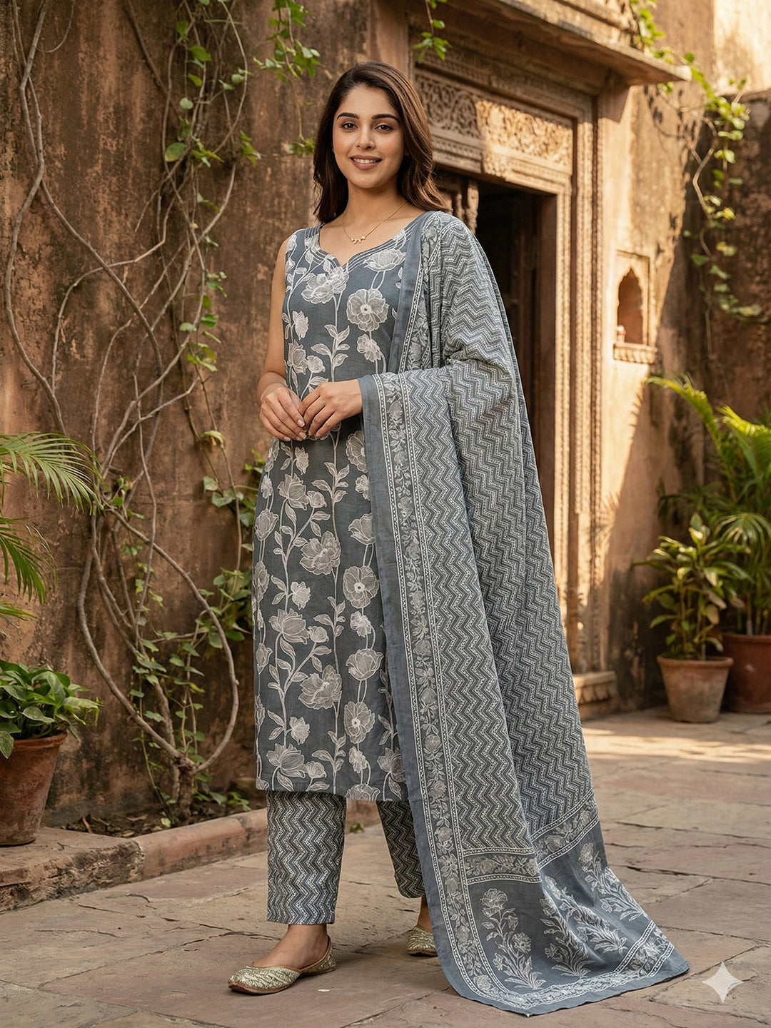 Jaitpuriya Grey Pure Cotton Straight Regular Kurta Set