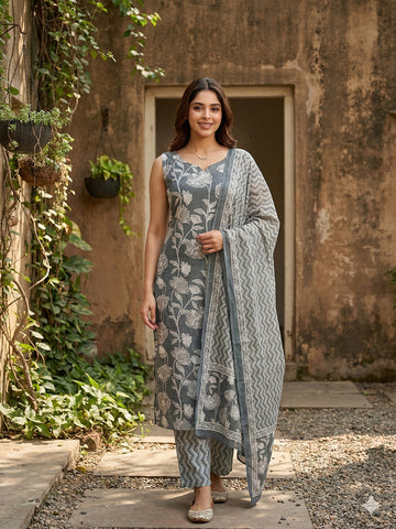 Jaitpuriya Grey Pure Cotton Straight Regular Kurta Set