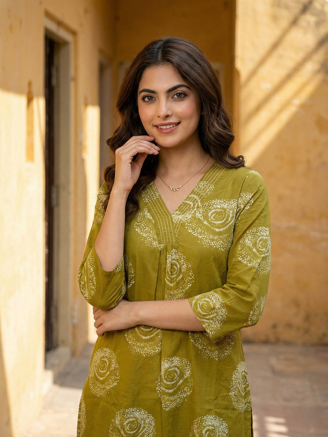 Jaitpuriya Olive Green Pure Cotton A-line Regular Kurta Set