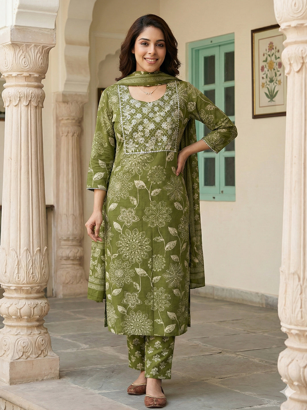 Jaitpuriya Green Pure Cotton Straight Regular Kurta Set