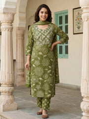 Jaitpuriya Green Pure Cotton Straight Regular Kurta Set