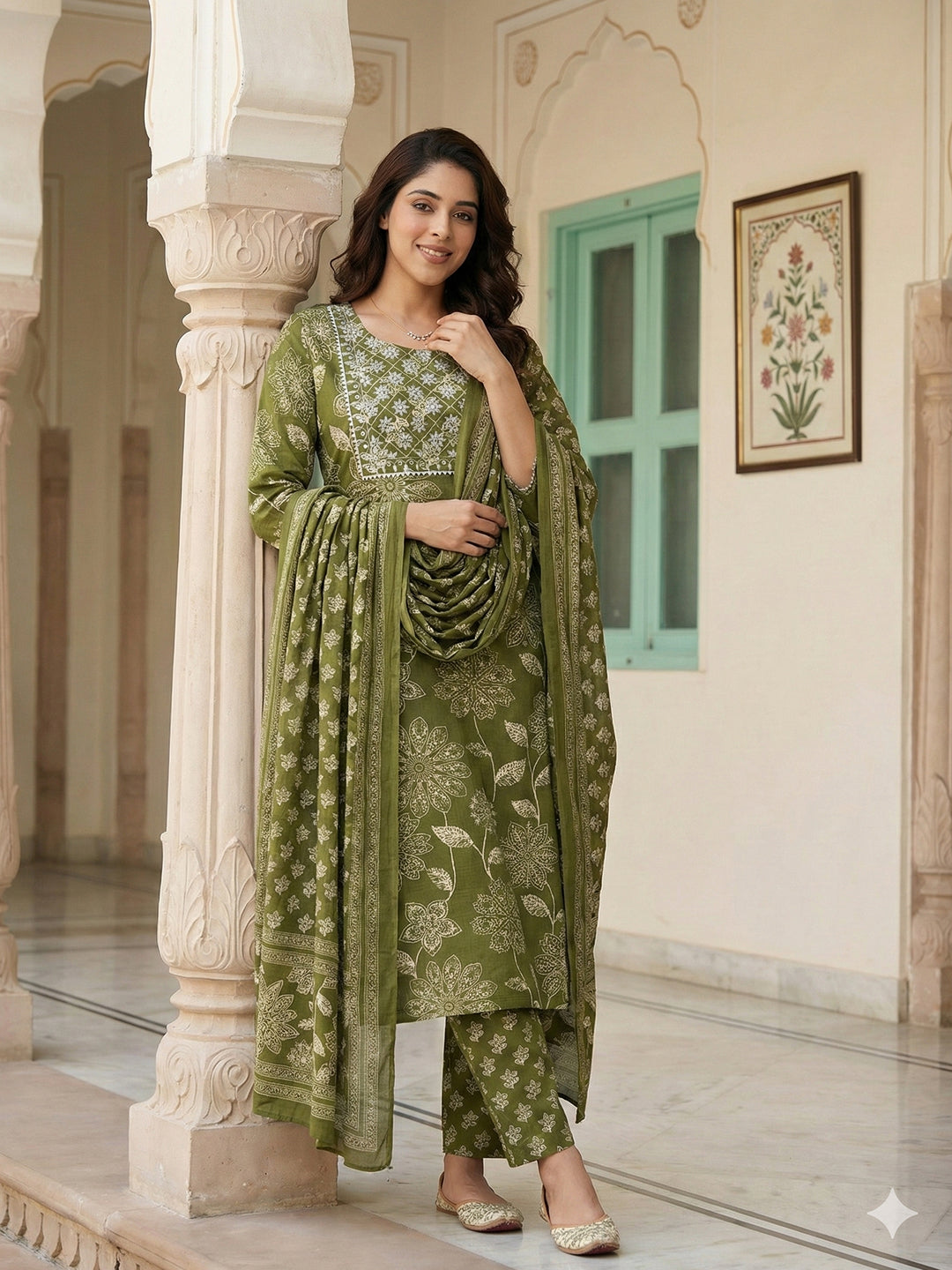 Jaitpuriya Green Pure Cotton Straight Regular Kurta Set