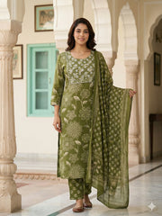 Jaitpuriya Green Pure Cotton Straight Regular Kurta Set
