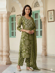 Jaitpuriya Green Pure Cotton Straight Regular Kurta Set