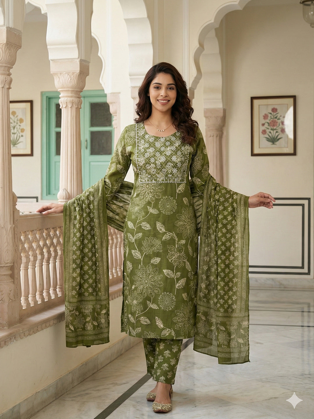 Jaitpuriya Green Pure Cotton Straight Regular Kurta Set