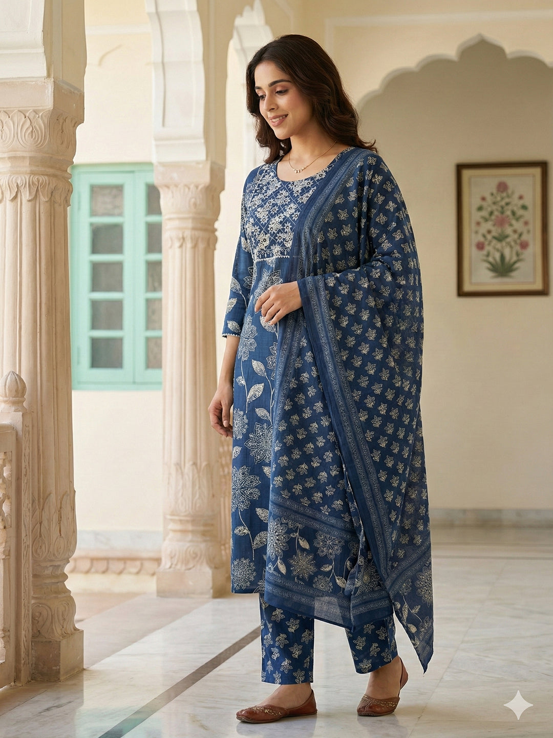 Jaitpuriya Blue Pure Cotton Straight Regular Kurta Set