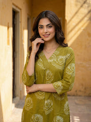 Jaitpuriya Olive Green Pure Cotton A-line Regular Kurta Set