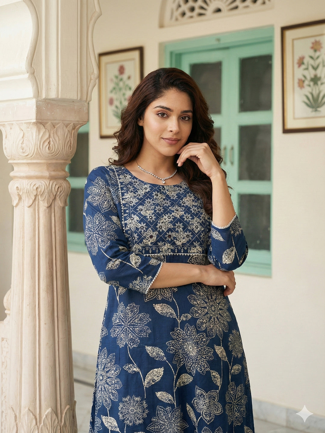 Jaitpuriya Blue Pure Cotton Straight Regular Kurta Set