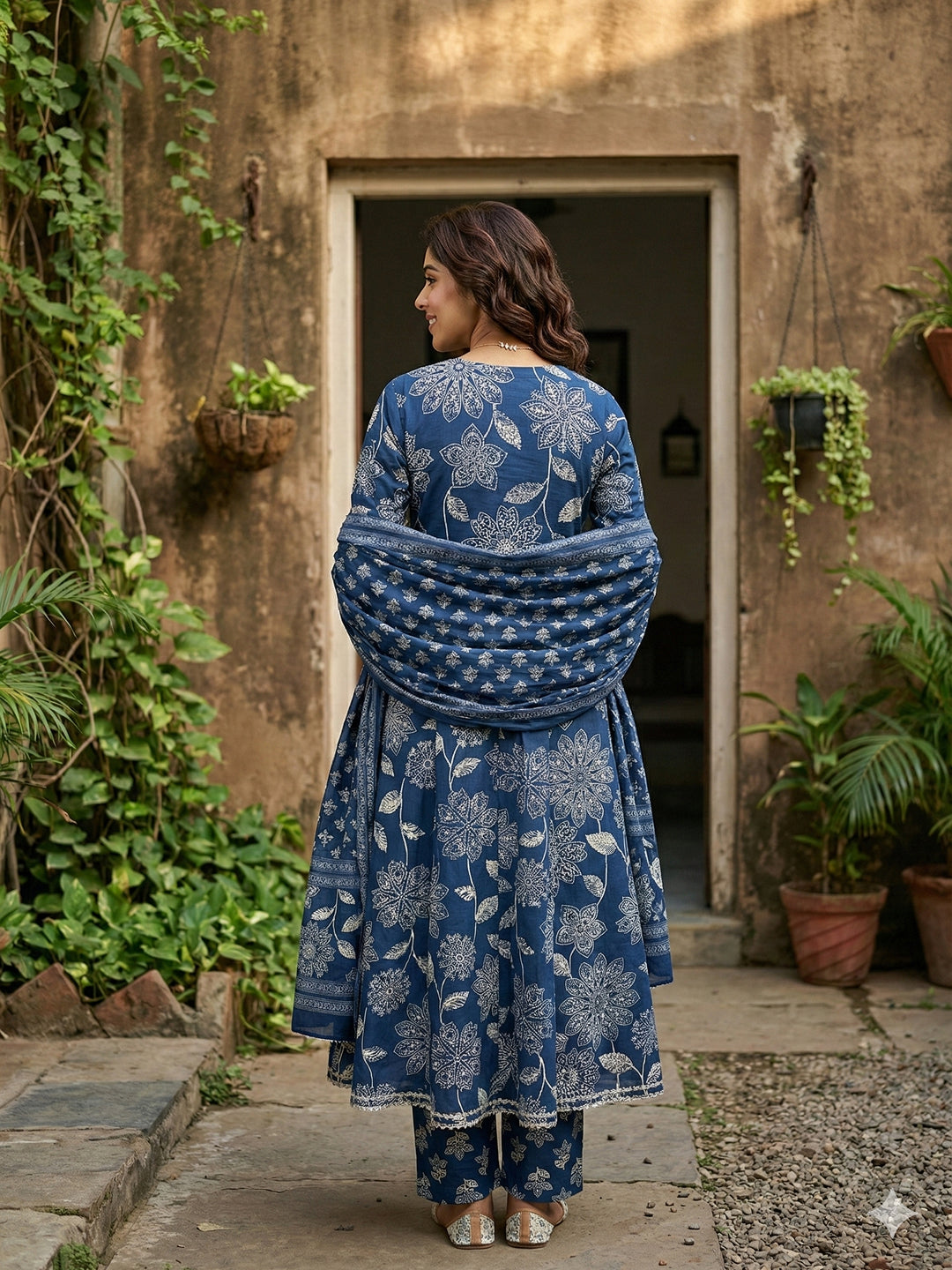 Jaitpuriya Blue Pure Cotton Anarkali Angrakha Kurta Set