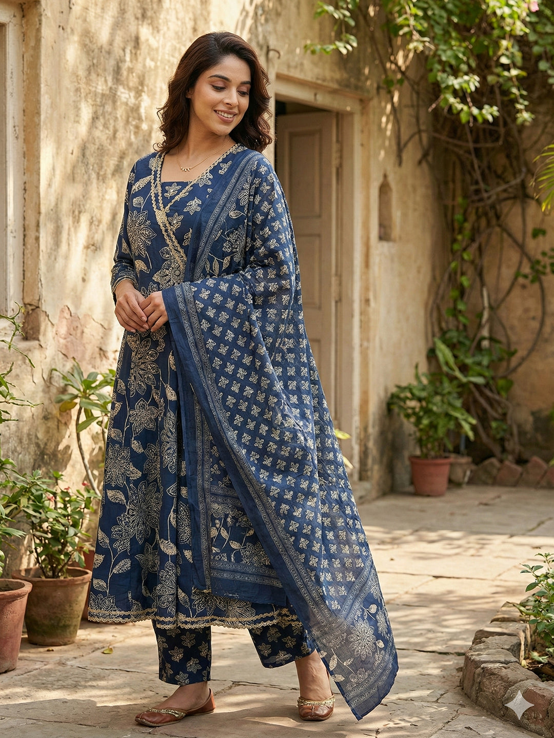 Jaitpuriya Blue Pure Cotton Anarkali Angrakha Kurta Set