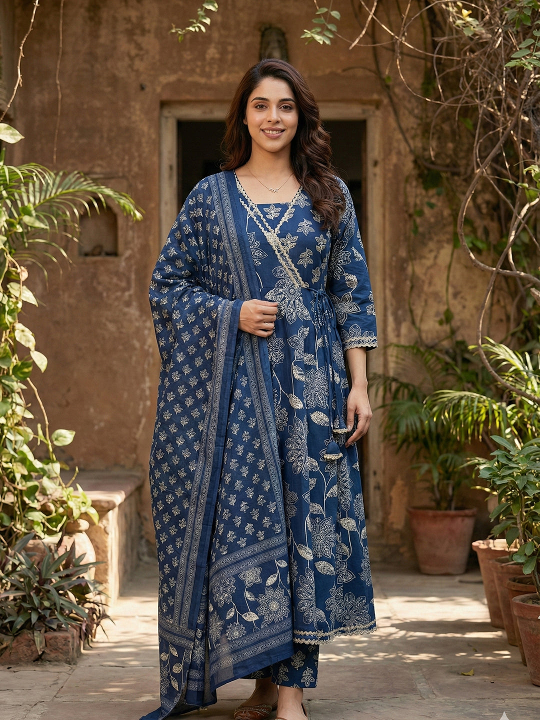 Jaitpuriya Blue Pure Cotton Anarkali Angrakha Kurta Set
