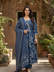 Jaitpuriya Blue Pure Cotton Anarkali Angrakha Kurta Set