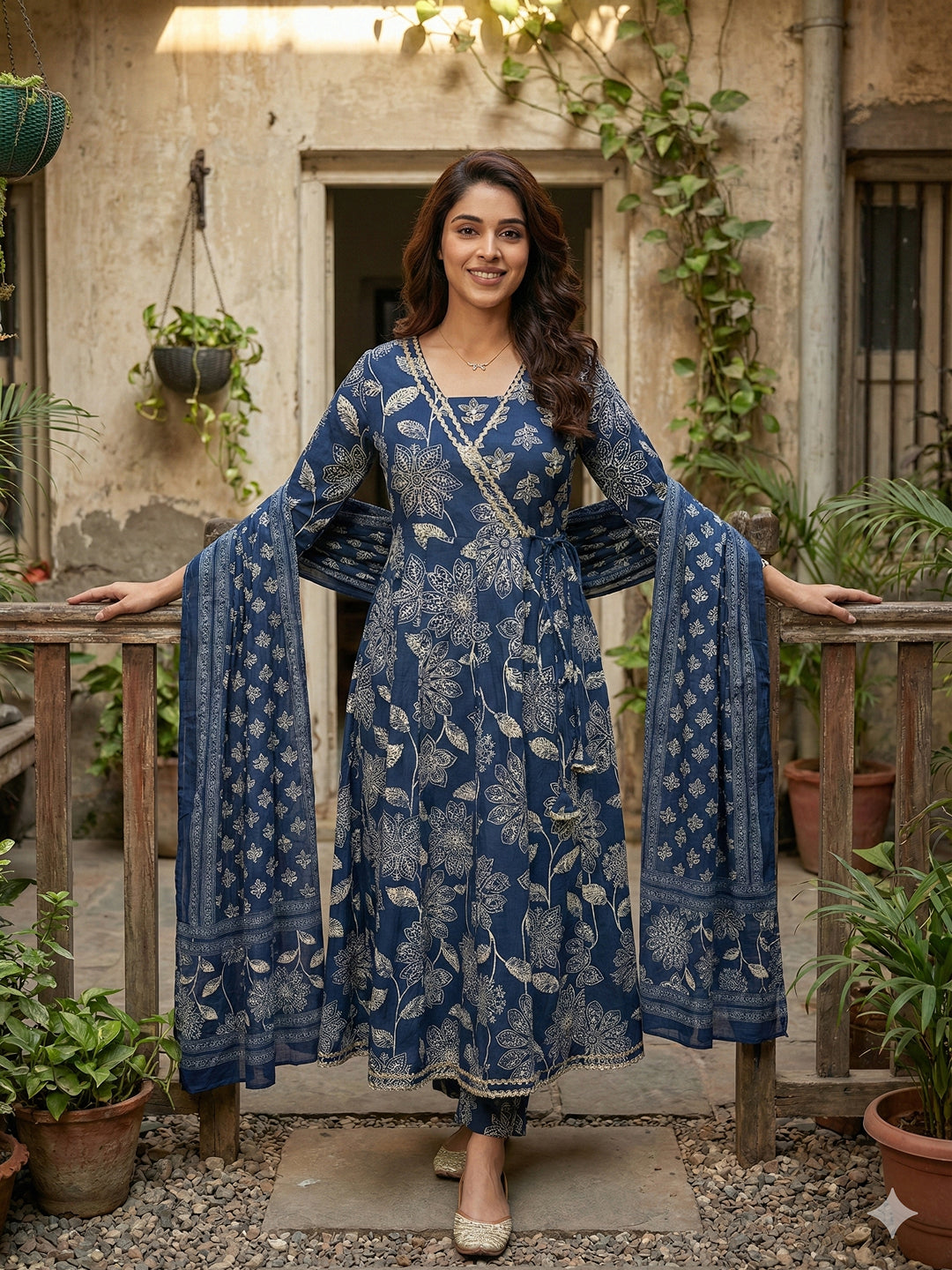Jaitpuriya Blue Pure Cotton Anarkali Angrakha Kurta Set