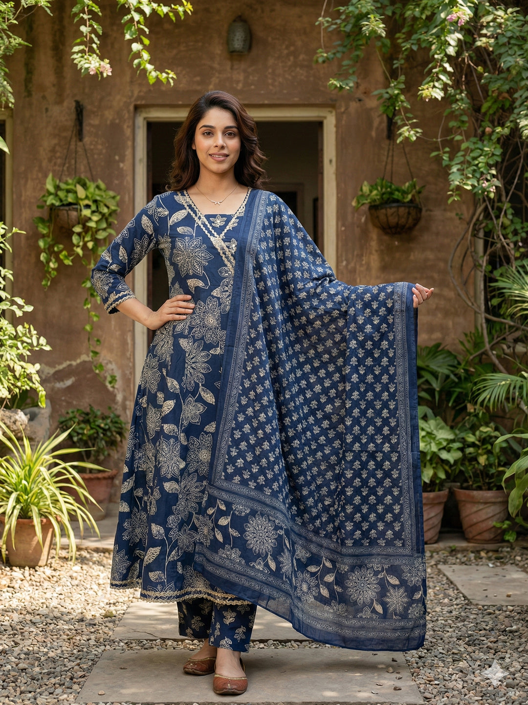 Jaitpuriya Blue Pure Cotton Anarkali Angrakha Kurta Set