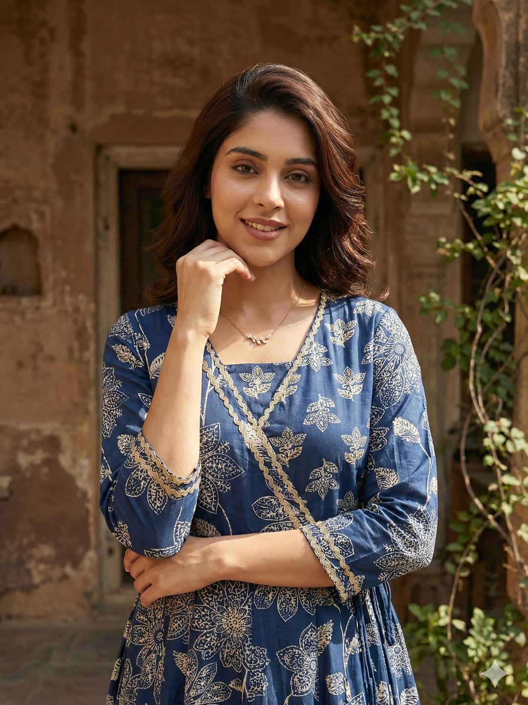 Jaitpuriya Blue Pure Cotton Anarkali Angrakha Kurta Set