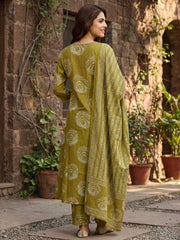 Jaitpuriya Olive Green Pure Cotton A-line Regular Kurta Set