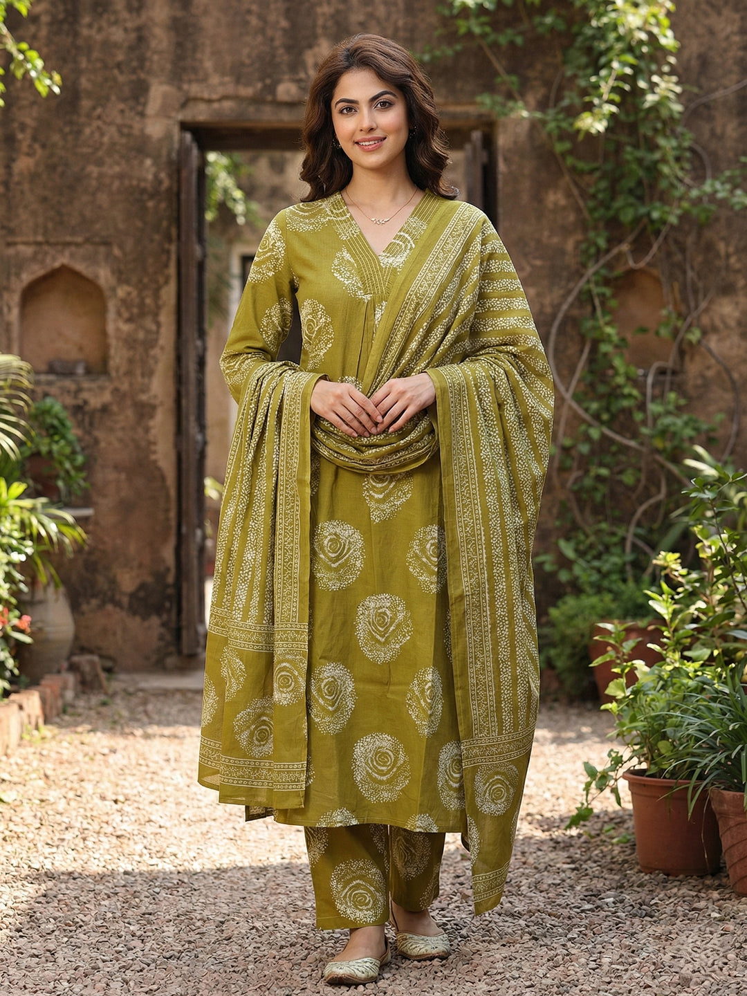 Jaitpuriya Olive Green Pure Cotton A-line Regular Kurta Set