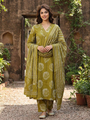 Jaitpuriya Olive Green Pure Cotton A-line Regular Kurta Set