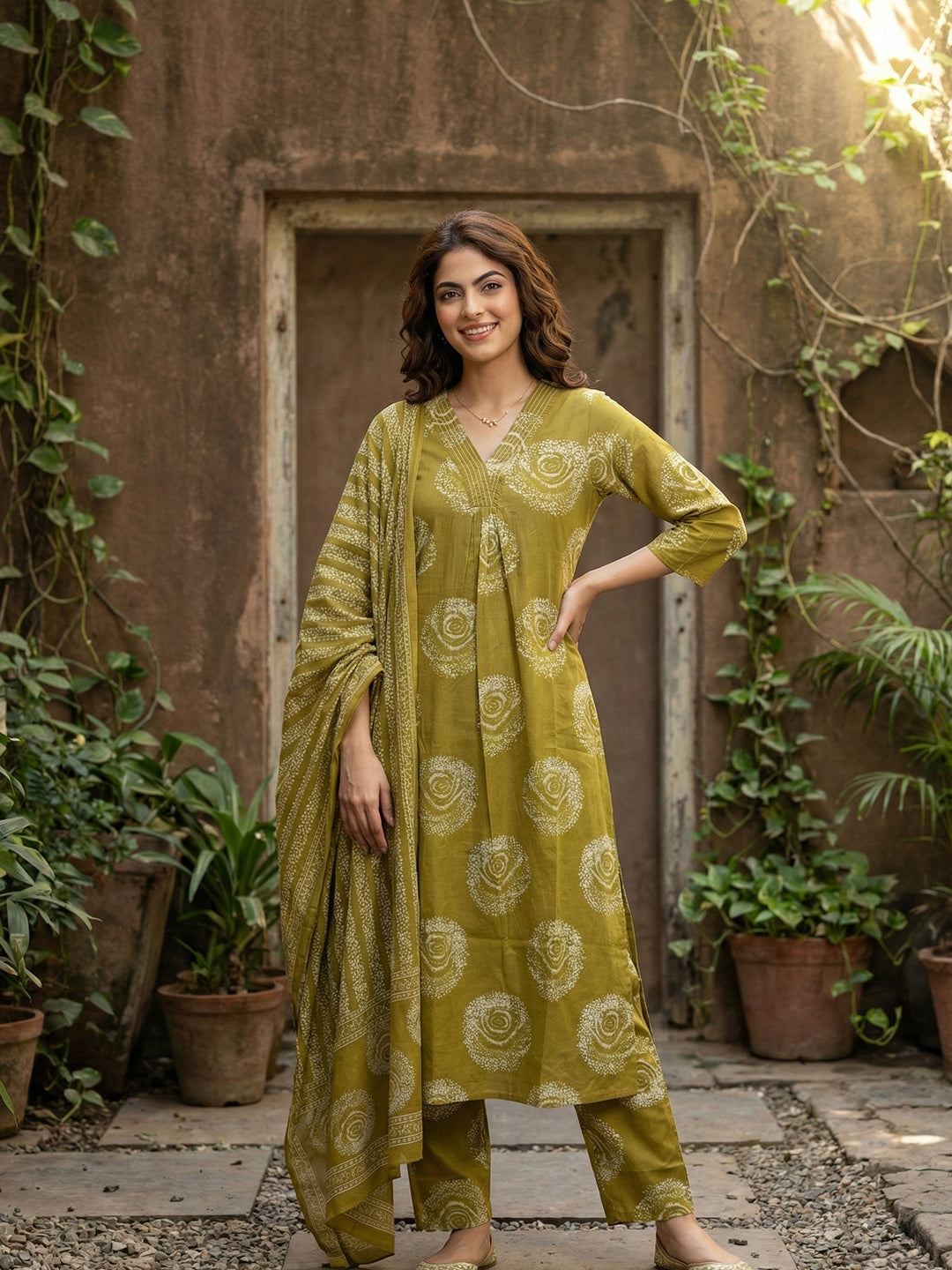 Jaitpuriya Olive Green Pure Cotton A-line Regular Kurta Set