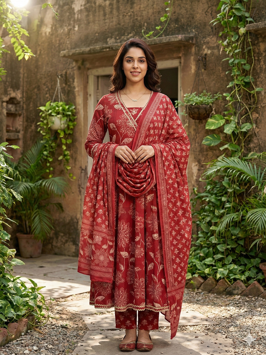 Jaitpuriya Red Pure Cotton Anarkali Angrakha Kurta Set