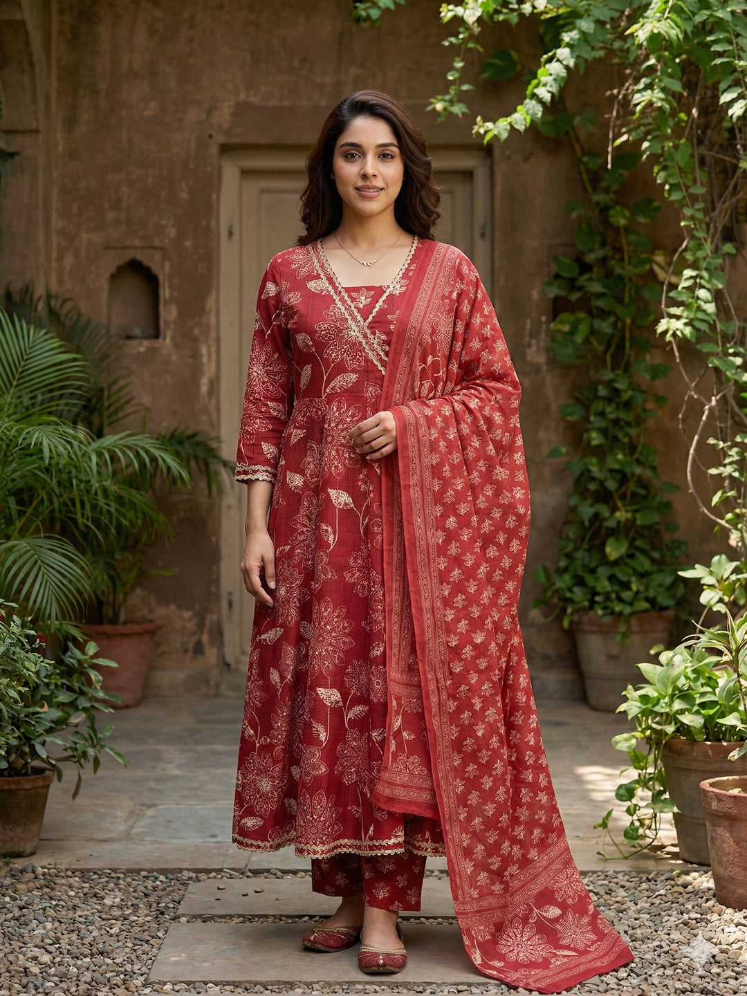 Jaitpuriya Red Pure Cotton Anarkali Angrakha Kurta Set