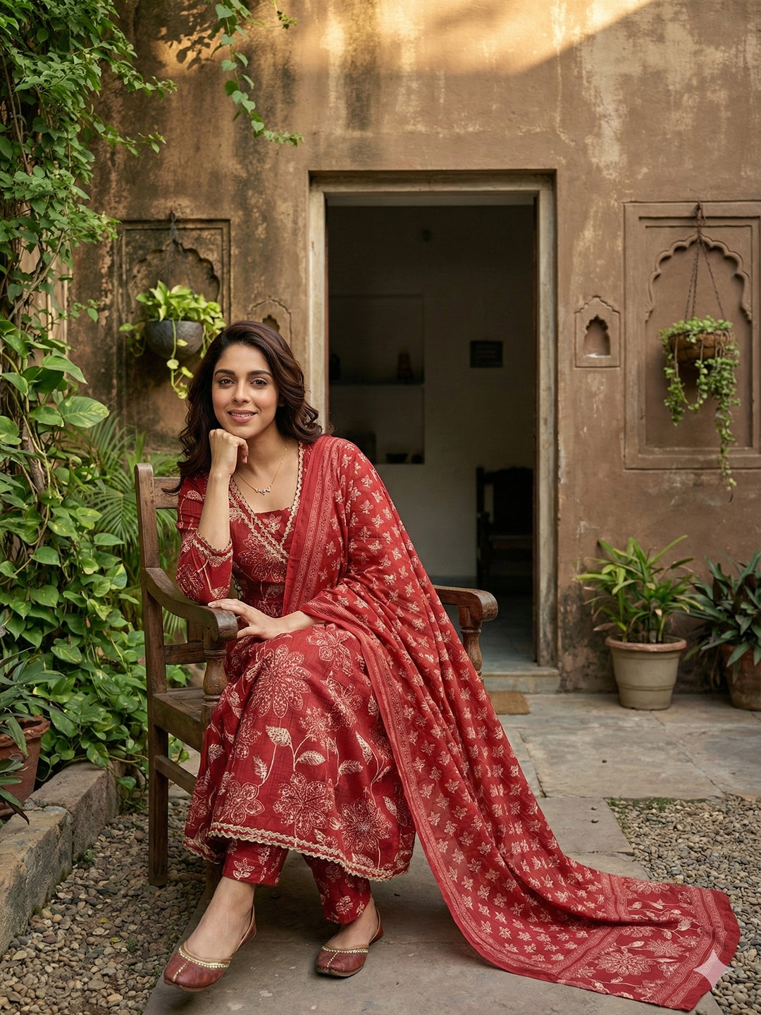 Jaitpuriya Red Pure Cotton Anarkali Angrakha Kurta Set