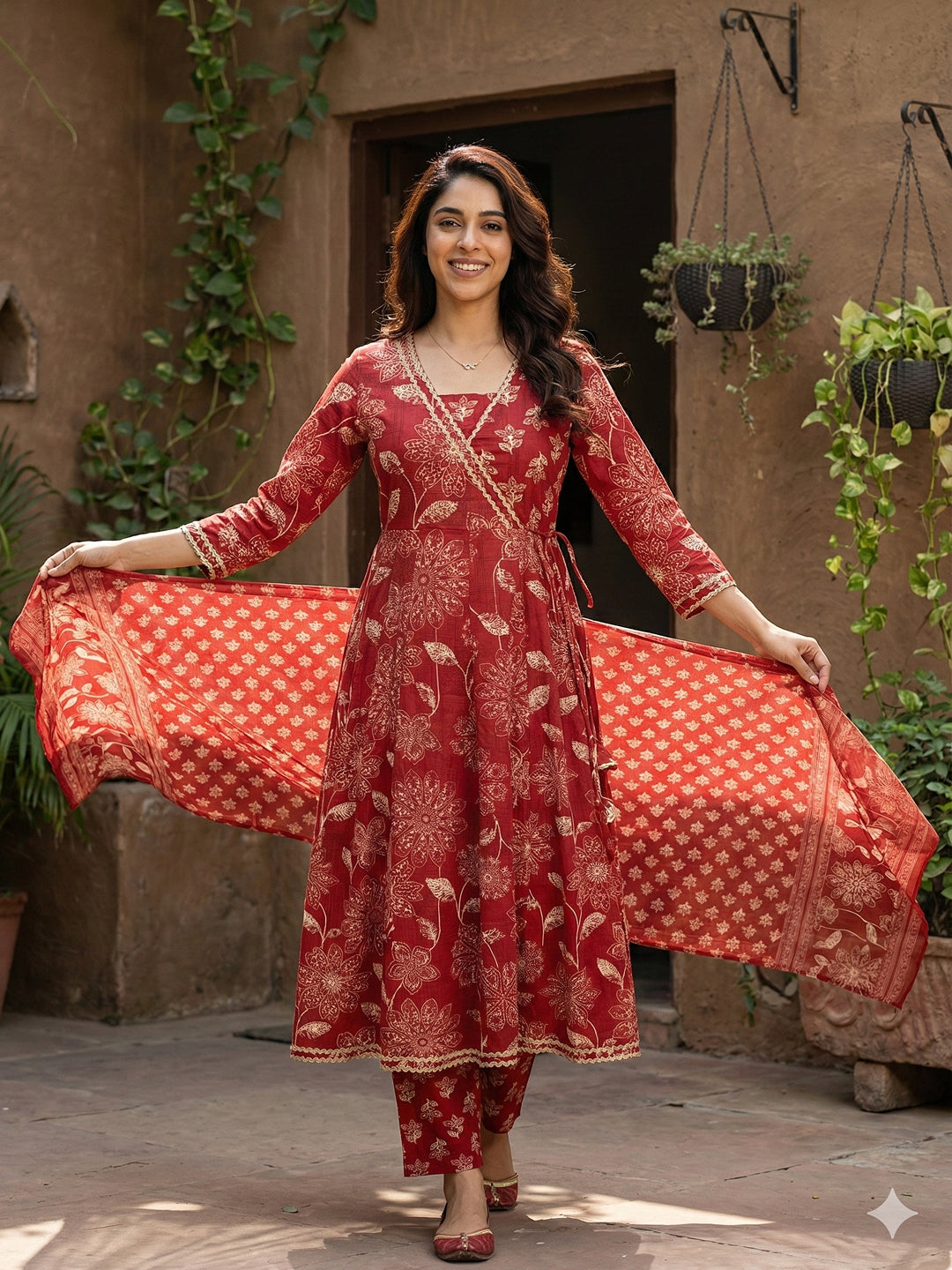 Jaitpuriya Red Pure Cotton Anarkali Angrakha Kurta Set