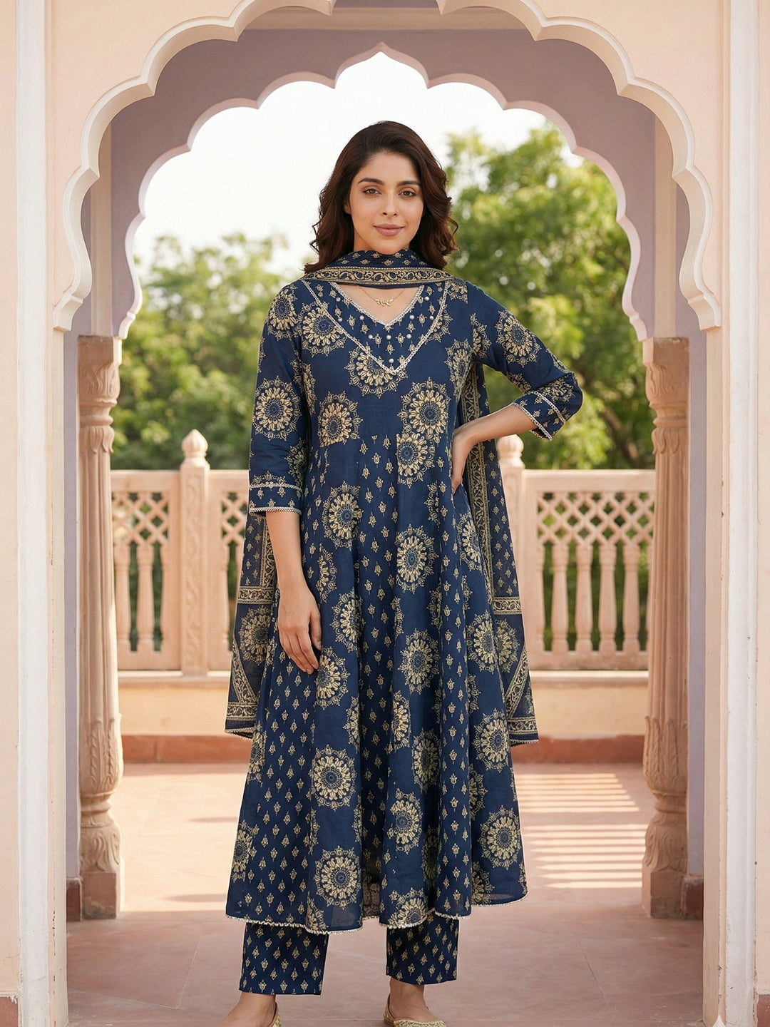 Jaitpuriya Blue Pure Cotton Anarkali Regular Kurta Set