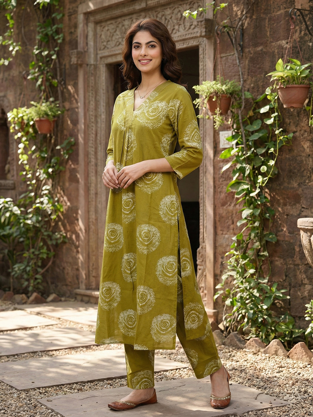 Jaitpuriya Olive Green Pure Cotton A-line Regular Kurta Set