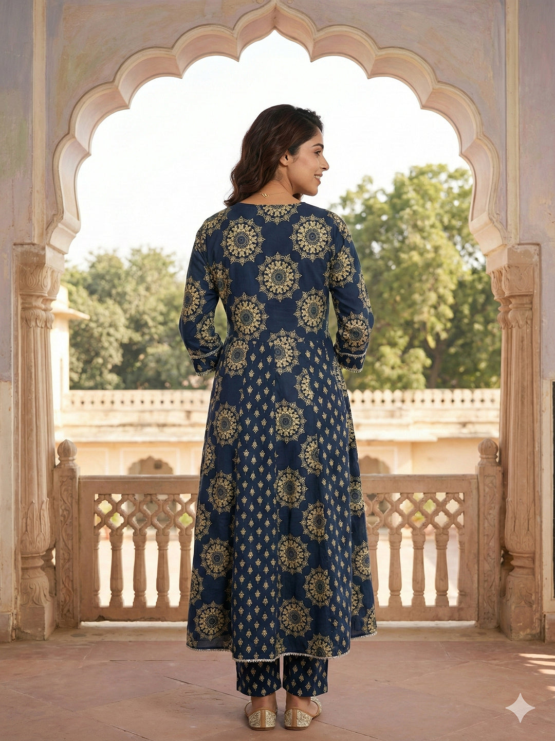 Jaitpuriya Blue Pure Cotton Anarkali Regular Kurta Set
