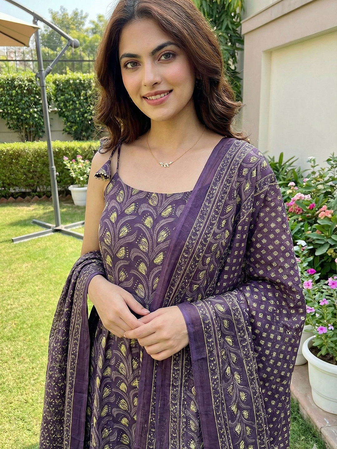 Jaitpuriya Purple Pure Cotton Anarkali Pleated Tierd Kurta Set