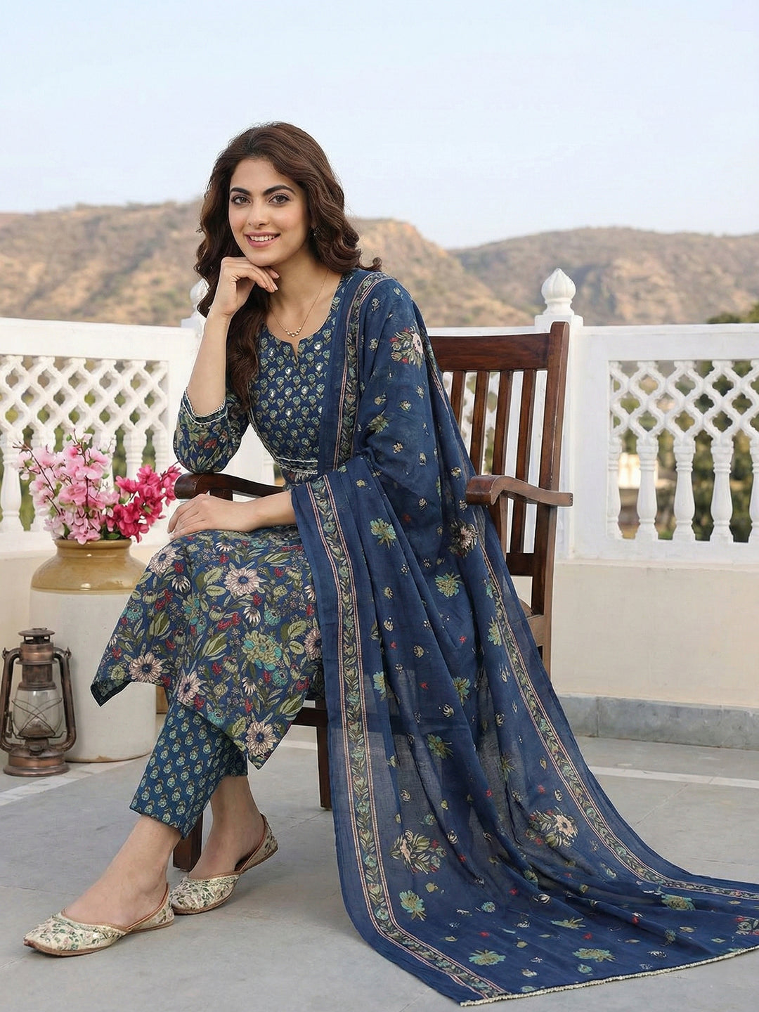Jaitpuriya Blue And Green Pure Cotton Straight Regular Kurta Set