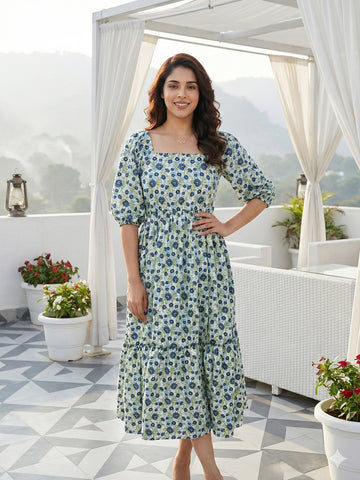 Jaitpuriya Blue And White Pure Cotton Fit & flare Gathered or Pleated Tierd Dresses