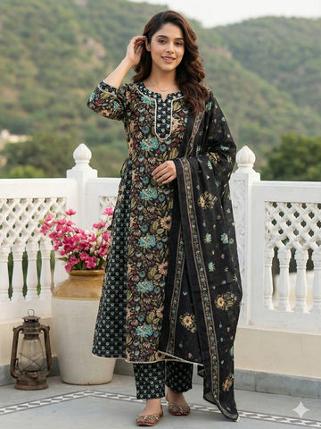 Jaitpuriya Black And Green Pure Cotton Anarkali Regular Kurta Set