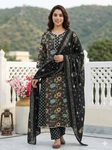 Jaitpuriya Black And Green Pure Cotton Anarkali Regular Kurta Set
