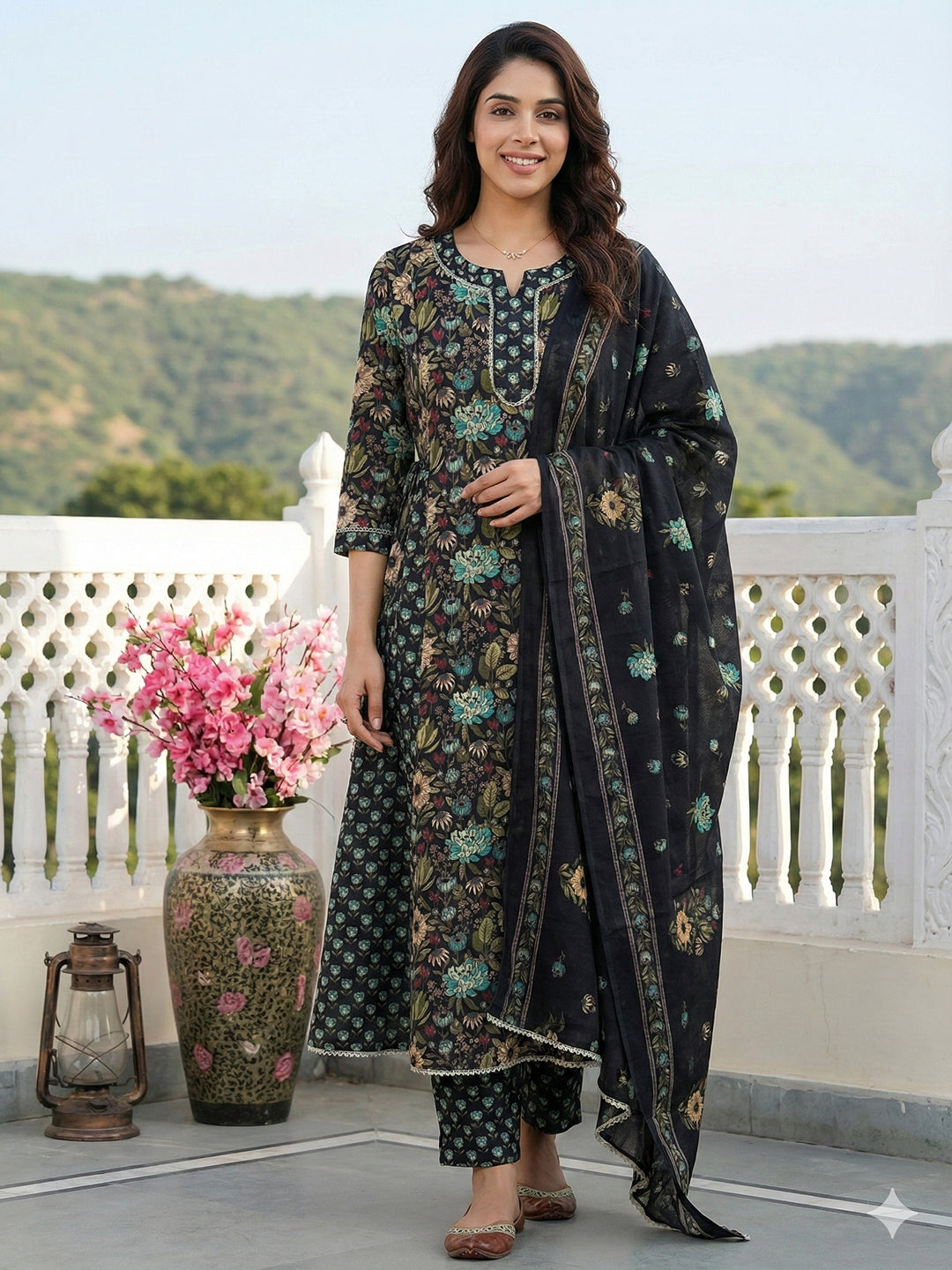 Jaitpuriya Black And Green Pure Cotton Anarkali Regular Kurta Set