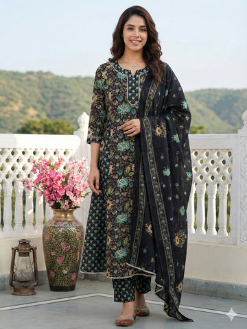 Jaitpuriya Black And Green Pure Cotton Anarkali Regular Kurta Set