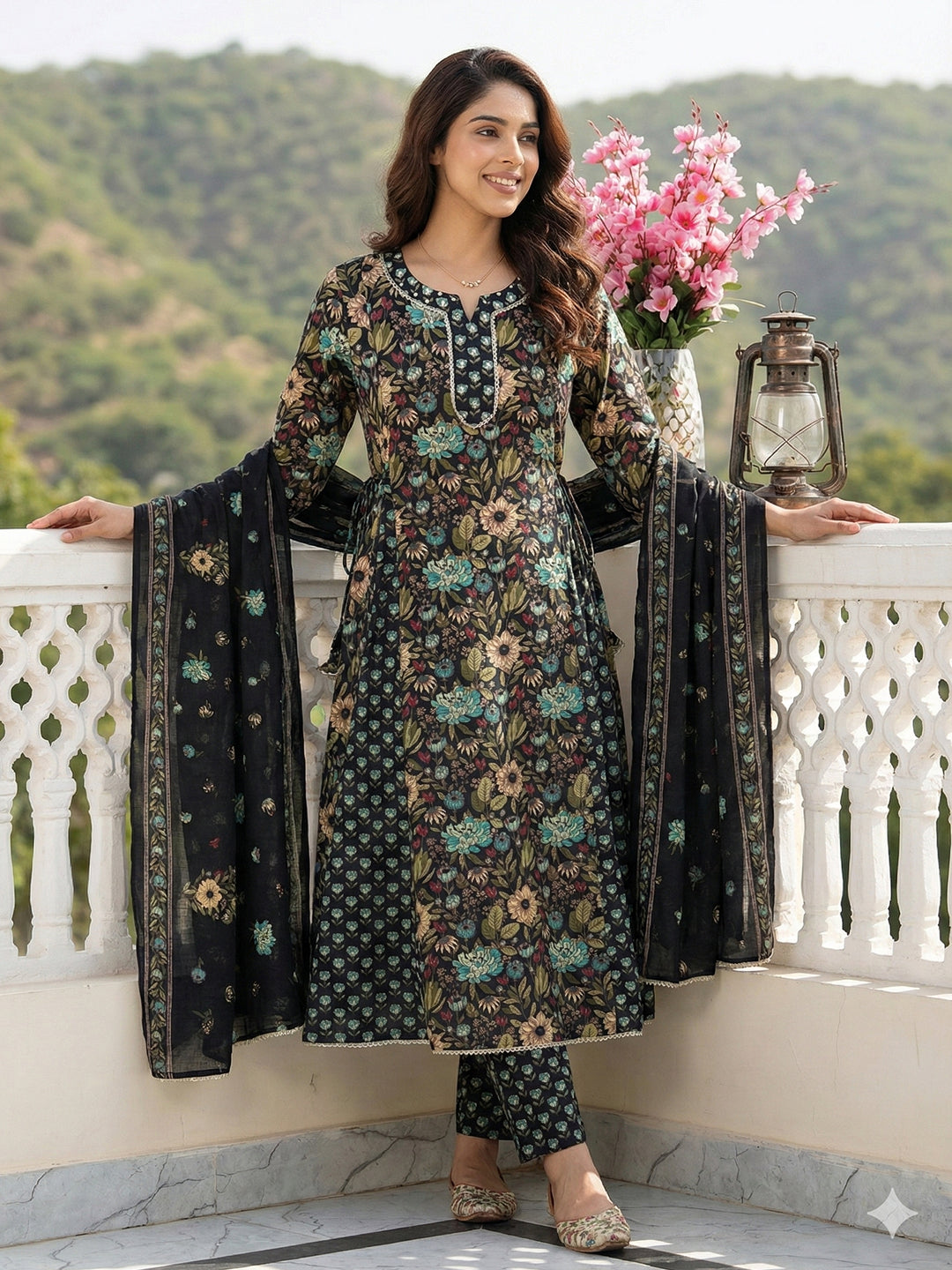 Jaitpuriya Black And Green Pure Cotton Anarkali Regular Kurta Set