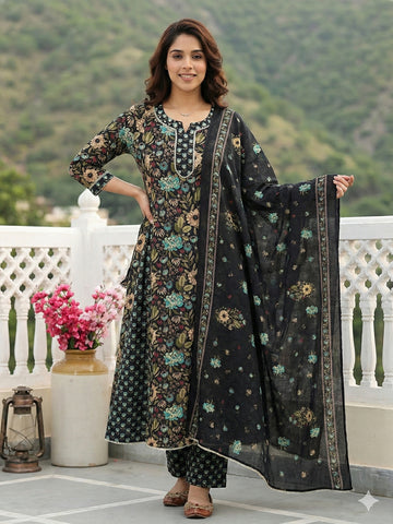 Jaitpuriya Black And Green Pure Cotton Anarkali Regular Kurta Set