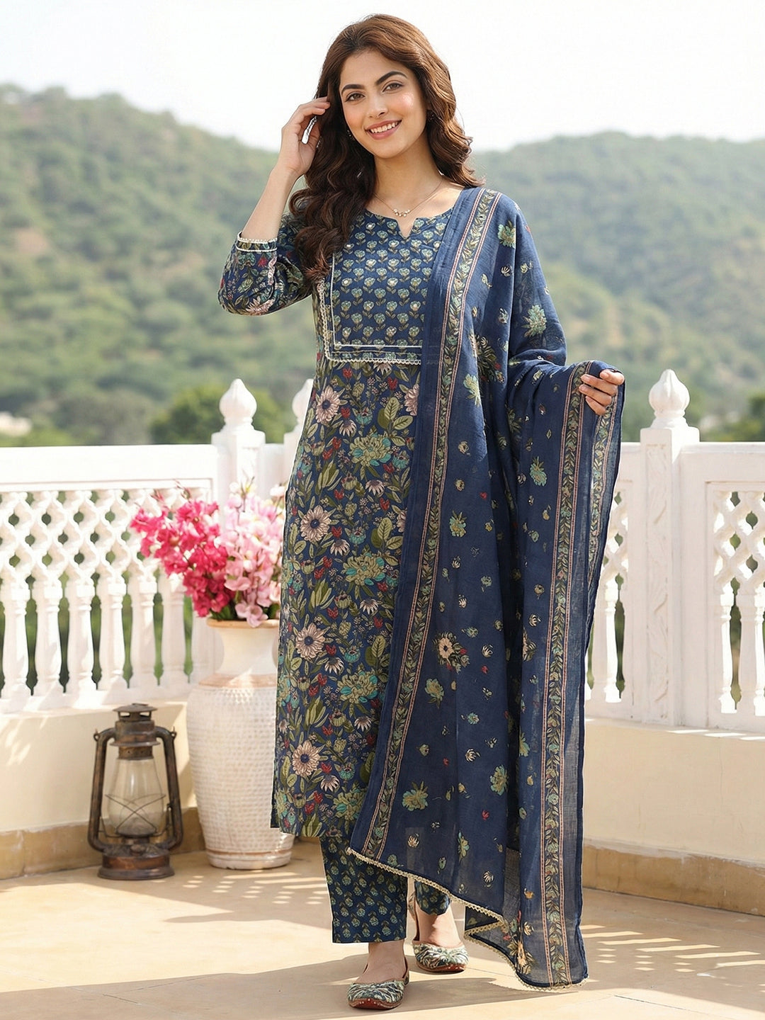 Jaitpuriya Blue And Green Pure Cotton Straight Regular Kurta Set