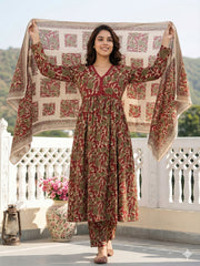 Jaitpuriya Red And Cream Pure Cotton Anarkali Pleated Kurta Set