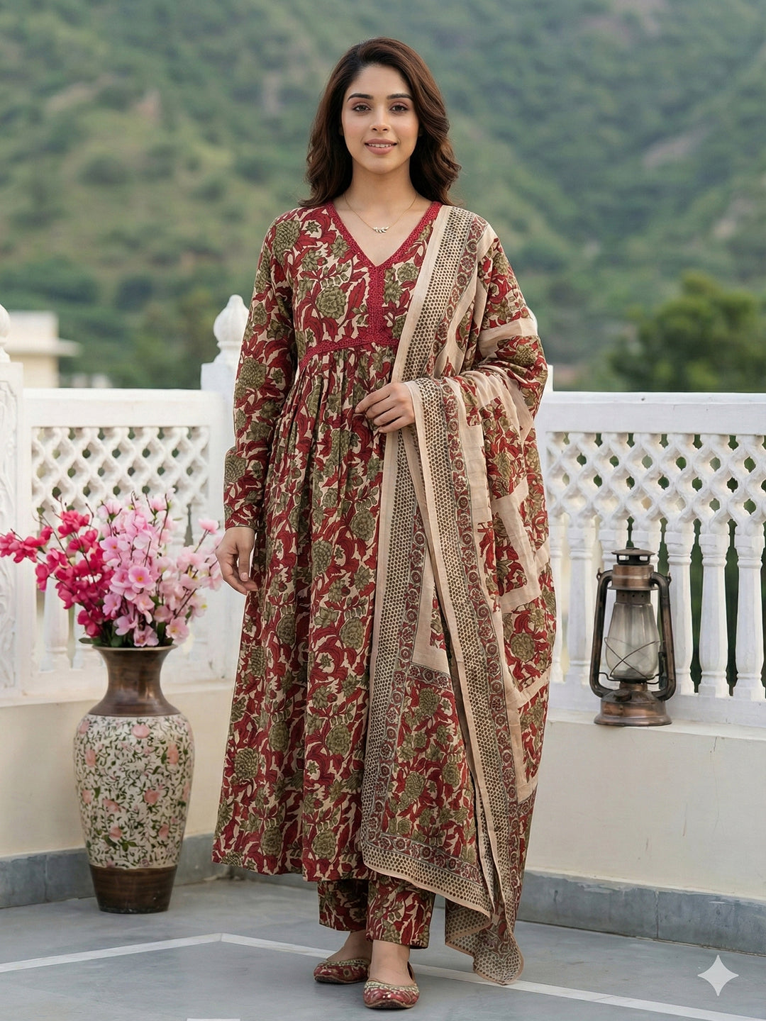 Jaitpuriya Red And Cream Pure Cotton Anarkali Pleated Kurta Set